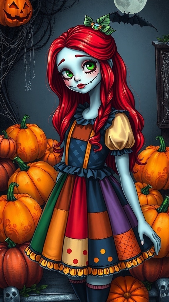 Girl in a patchwork dress and red wig, painted as Sally from The Nightmare Before Christmas, in a Halloween setting.